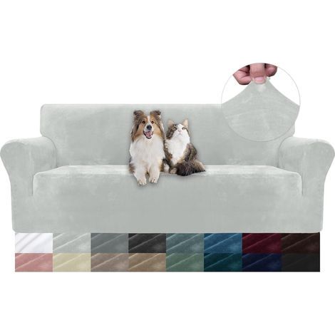 Stretch Velvet Sofa Cover, 3-Seater, Non-Slip, Pet-Friendly, Washable, Silver Grey (1/5)