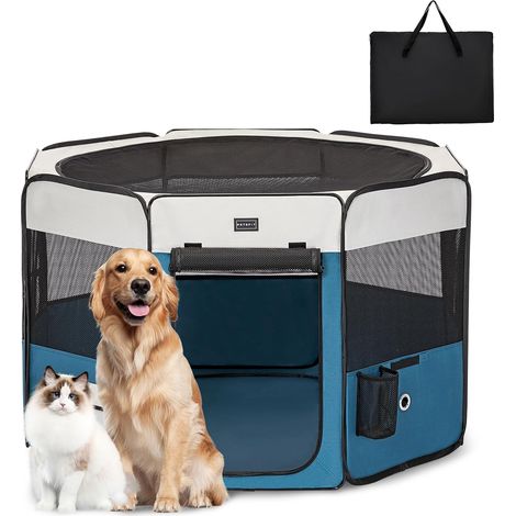 Enclos Pliable pour Petits Animaux, Chiens, Chats, avec Fond étanche, système Pop-up, Design Anti-Mastication, Gris/Bleu, 116 x 106 x 70 cm (1/5)