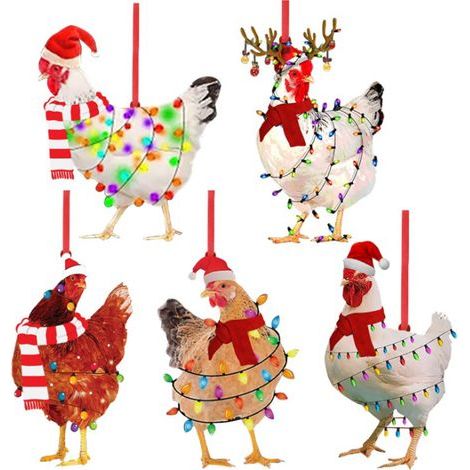 Weihnachtsschal-Hühneranhänger, niedliche hängende Weihnachtsbaumdekoration aus Holz für drinnen und draußen, Party, Heimdekoration (10322670) (1/5)