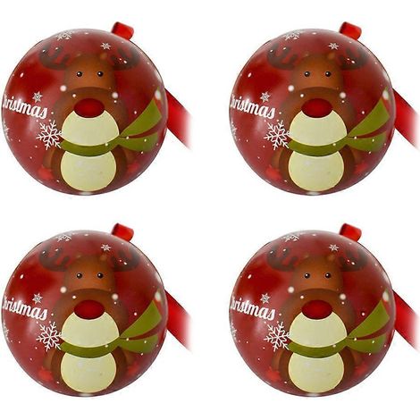 Lot de 4 boîtes à bonbons en métal, motif boule de Noël, avec cordelette pour les suspendre. Idéales pour les fêtes à thème (Noël, mariage, cerf). (Rouge, cerf)-7cm (1/3)