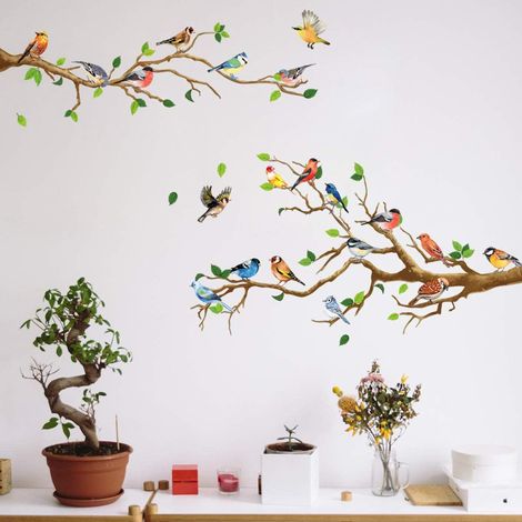 Décor mural adhésif oiseaux et branche d'arbre pour chambre enfant, salon, salle de bain - Autocollants muraux décoratifs, stickers muraux nature, motif branche et oiseaux pour décoration murale. (1/5)