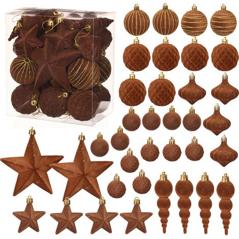 Set mit 36 beflockten Weihnachtskugeln zum Aufhängen am Weihnachtsbaum, 6 cm, braun (1/2)
