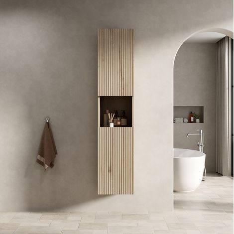 Mueble mural de baño 160x35x35 cm de contrachapado roble blanco, ahorro de espacio – MEUBLIV (1/5)