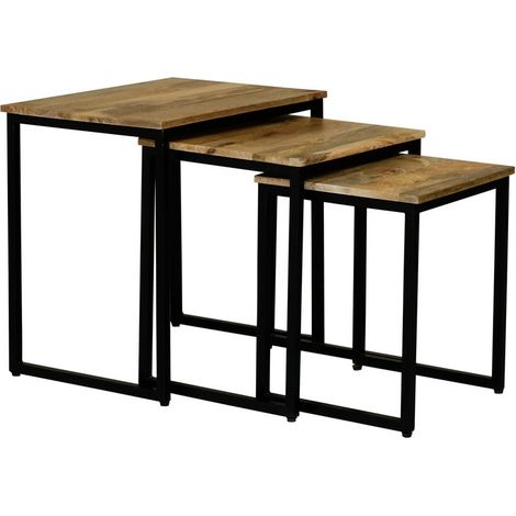 Ravi Iron Base Solid Wood Stool (Set of 3) - Mango Wood/Iron - L40 x W54 x H54 cm - Light Finish
