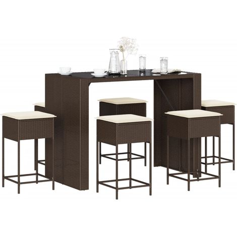 7-tlg. Gartenbar-Set mit Kissen Braun Poly Rattan