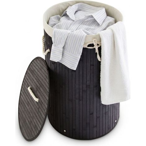 3 cestas de bambú plegables con tapa, 70 l, bolsa de algodón, redondas Ø 41 cm, negras