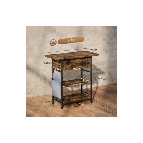 Table de chevet marron rustique 60 x 29,8 x 58,5 cm à 2 niveaux avec prises, ports USB et rangement pour chambre et salon (1/5)