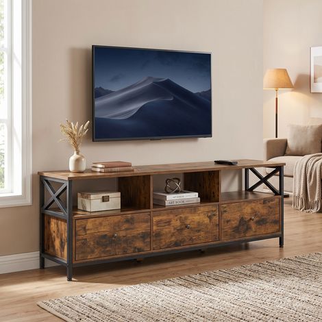 Meuble TV pour TV jusqu'à 65 Pouces, Table TV avec 3 Tiroirs et 3 Étagères Ouvertes, 40 x 147 x 50 cm, pour Salon, Marron et Noir (1/5)