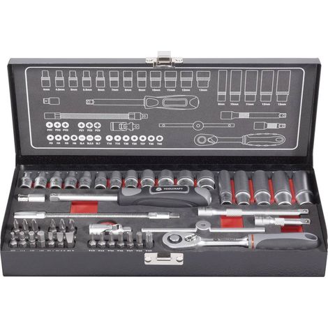 Toolcraft – Jeu de clés à douille 1/4" (6.3 mm) 45 pièces – Acier chrome-vanadium – Clé à cliquet 72 dents avec inverseur – Rallonge flexible 150 mm
