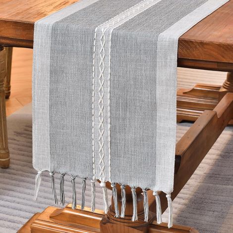 Runner da tavolo in cotone e lino ricamato per interni/esterni in stile rustico, grigio, 120 cm con nappe fatte a mano per feste, sale da pranzo e decorazioni per la cucina (grigio, 90 cm)
