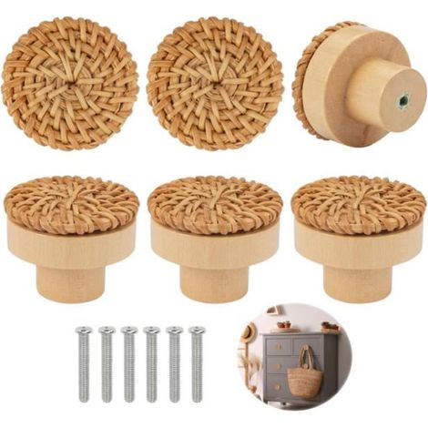 6 Pièces Boutons de Meuble en Rotin Bois, Poignée Meuble Bois, Bouton de Tiroir, Boutons de Portes pour Placards, Boutons de Meuble (1/4)