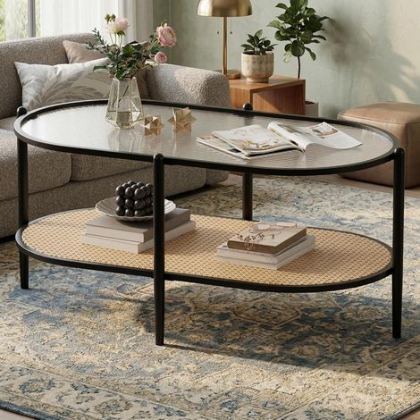 Table basse ovale en rotin 2 niveaux – Style bohème – Plateau verre trempé à vague – Étagère de rangement – Cadre métallique noir – Idéale pour salon et bureau (1/5)