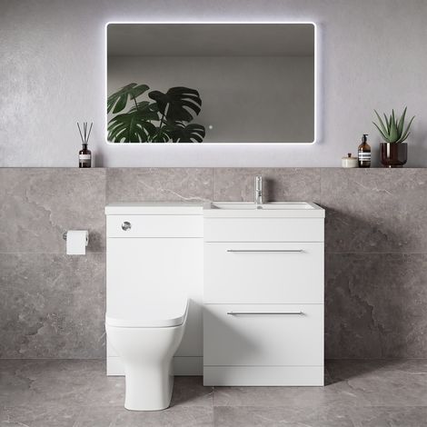 Napoli 390 Gloss White 1100mm 2 Drawer Vanity Unit Toilet Suite with Square Right Hand Lucia Basin - 1100mm - Chrome 320mm HandleWith Kingston Toilet Pan and Seat
