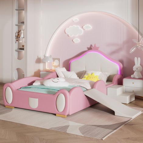 Einzelbett 90x200 cm - mit Kopfteil mit Kronenmotiv – verstellbarer LED-Lichtstreifen – kleine Rutsche und Stufen – weiche Schutzkanten – PU – Lattenrost – Rosa