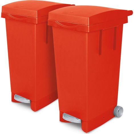 BRB Set, 2x 80 Liter Abfallbehälter mit Rollen, Fußpedal, selbstschließender Deckel, Klemmring für Müllsäcke (rot)