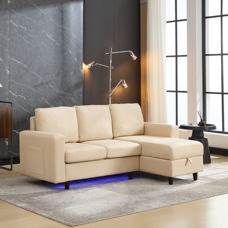 L-Shaped Sofa with Storage, 3 Seater Corner Sofa with USB, LED lights, Sofa Couches with side pockets for Apartment Living Room, Office, Beige, 180x120x72cm (1/5)
