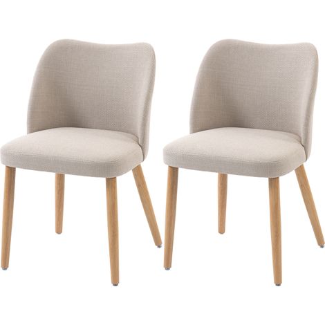Ensemble de 2 chaises de salle à manger en tissu effet lin et en bois de caoutchouc, assise rembourrée, dossier incurvé, crème (1/5)