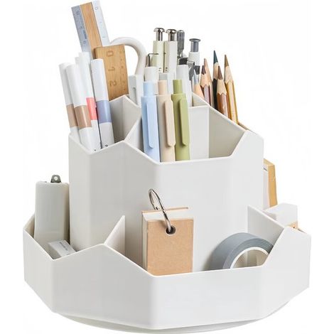 Portalápices giratorio de 360° - Organizador de escritorio con 9 compartimentos para material de oficina, maquillaje y manualidades. (1/5)