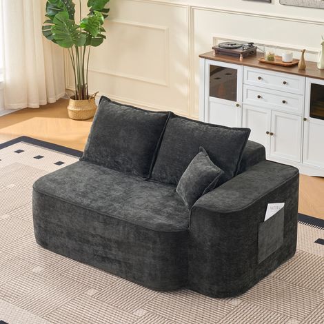Divano Relax 2 posti - 150x95 cm Chaise longue senza montaggio, in chenille, con schienale, 3 cuscini, tasche laterali, per soggiorno e camera - Nero