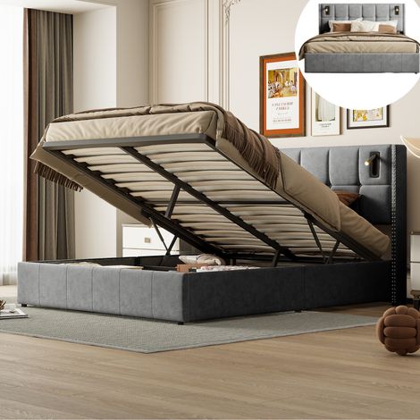 Letto contenitore matrimoniale 140x200 cm, in flanella, testiera imbottita con 2 prese USB/1TYPE C e luce lettura, rete a doghe, contenitore, letto adulto - Grigio