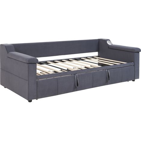 Sofá cama 90/180 x 190 cm de terciopelo gris con Bluetooth, USB, almacenaje y somier (1/5)