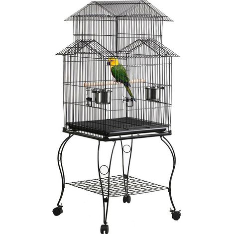 Yaheetech – Cage pour oiseaux sur roulettes 59 x 59 x 139,5 cm – Fer peint non toxique – 2 perchoirs bois – 2 mangeoires inox – Pour perroquets et canaris