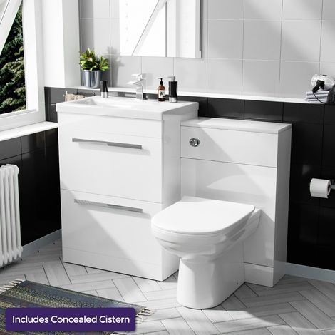 Nanuya 600mm Floorstanding 2 Drawer Vanity Basin Unit, BTW Unit & Curved BTW Toilet White (1/5)