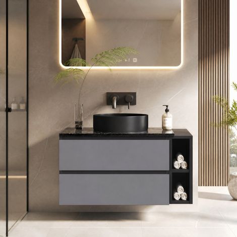 DESMIU Meuble sous vasque 2 tiroirs et espace ouvert pour salle de bain, avec lavabo rond, noir et gris, 80 cm (1/5)