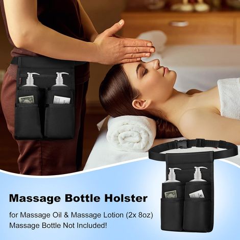 Cintura per bottiglie da 250 ml, custodia professionale per massaggiatore per 2 bottiglie, portabottiglie con cintura regolabile per olio o lozione per massaggi (227 g) (solo borsa), nero (1/4)