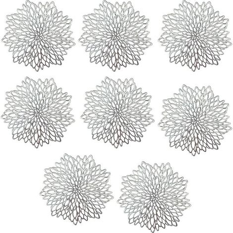 Dessous de verre ronds en forme d'hibiscus, pour la décoration de cuisine et les sets de table de mariage, plaqués argent, lot de 8. (1/5)