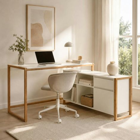 Bureau d'angle blanc avec bloc rangement ALVA (1/5)