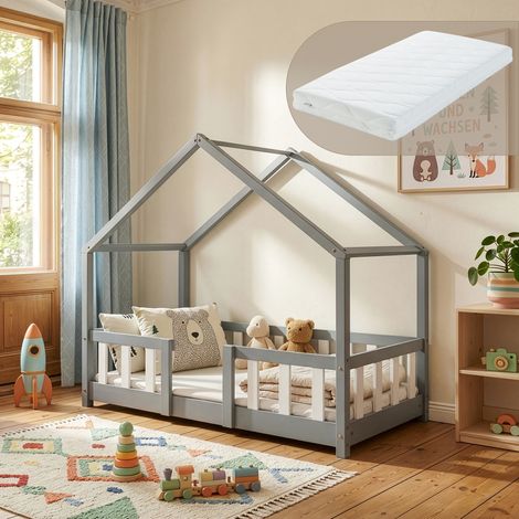 Letto per Cameretta Treviolo a Forma di Casetta in Stile Montessori con Materasso 70x140 cm - Grigio Chiaro/Bianco [en.casa] (1/5)