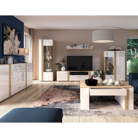 Wohnwand in Eiche Nb. AKRON-131 modern mit Fronten in Hochglanz weiß 6-teilig inkl. Couchtisch und Sideboard (1/5)