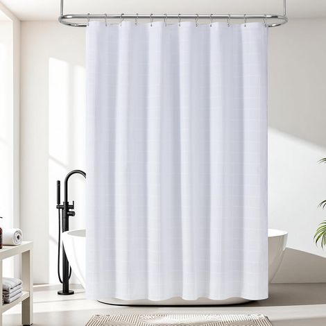 Rideau de Douche Bohème à Carreaux, Tissu Polyester-Lin à Carreaux, Revêtement Imperméable Rideaux de Douche pour Salle de Bain Style Campagnard Rustique Shabby Chic Neutre, 182 x 182 cm (1/5)