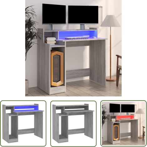 The Living Store Bureau et lumières LED Sonoma gris 97x45x90cm Bois d'ingénierie - Bureau Moderne - Bureau Design - Bureau Lumineux - Bureau Avec Led - Bureau Informatique (1/5)