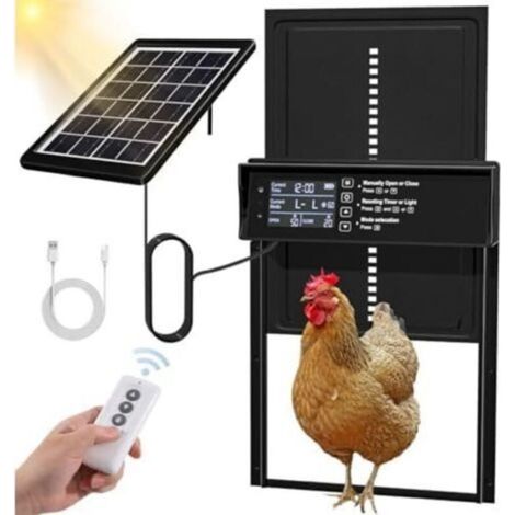 Largeight Porte automatique pour poulailler solaire Affichage LED Capteur de lumière Télécommande jusqu'à 15m Étanchéité IP45 (1/5)