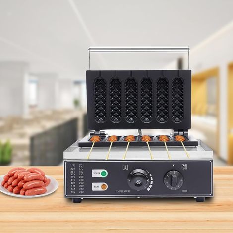1500 W Edelstahl Waffeleisen Waffeln Am Stiel Waffelsticks Hotdog Corn Dogs 50℃-300℃ Hot Dog Waffle Iron 6 Waffles/Hot Dogs in 5 Minutes for Bakery Restaurants Kioske Canteens