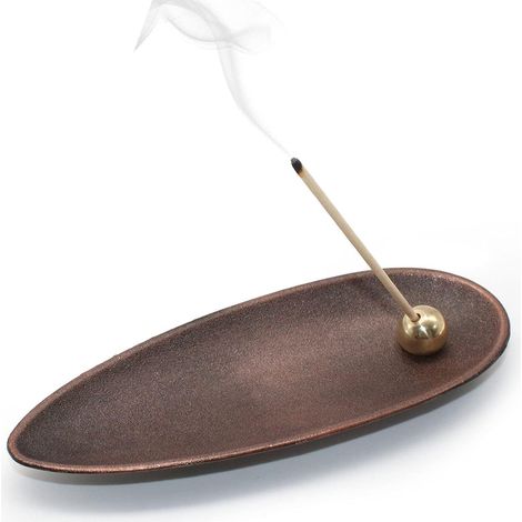 Brûle encens ovale en laiton pour cônes et bâtons avec billes en cuivre pour méditation et yoga