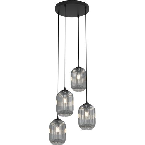 Lampadario 4 Luci Verdi Base Tonda In Acciaio Nero E Vetri Plissettati Fumè (1/5)