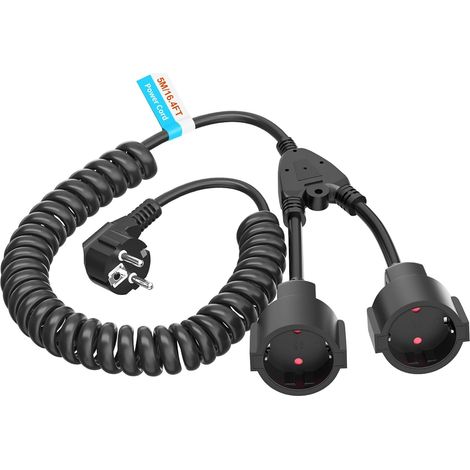 Câble de rallonge, Rallonge Schuko, 1 à 2 câbles spiralés de Protection Extensibles de 5M Max, Rallonge avec 2 Prises de Courant, Noir (1/5)