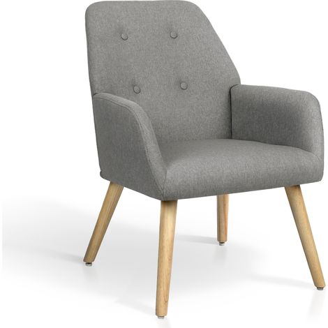 HISPANOHOGAR, Butaca en textil gris con patas en madera natural 81x61x68