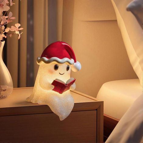 Veilleuse fantôme de Noël 3D lampe fantôme avec chapeau de Noël lisant un livre statue lumineuse fantôme petite (1/5)