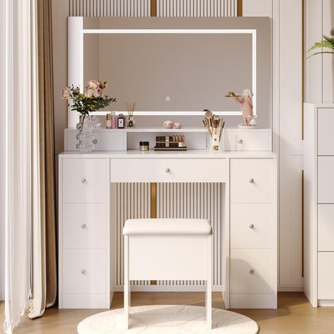 Coiffeuse avec Tabouret et Miroir LED 3 Couleurs - Table Maquillage avec Tiroirs de Rangement - 110x40x150cm - MDF - Blanc (1/5)