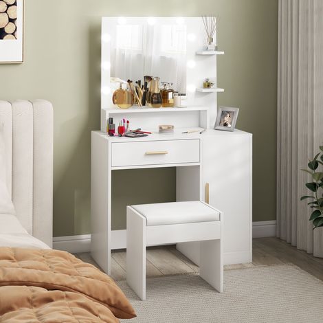 Meuble Maquillage Tabouret Tiroirs Miroirs Led Étagère Réglable Étagères Ouvertes Chambre Mobilier Intérieur Blanche
