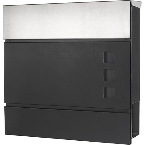Briefkasten Edelstahl Wandbriefkasten Zeitungsfach Zeitungsrolle Namenschild Design Mailbox Kasten Postkasten Wandmontage - Schwarz / Silber (1/5)