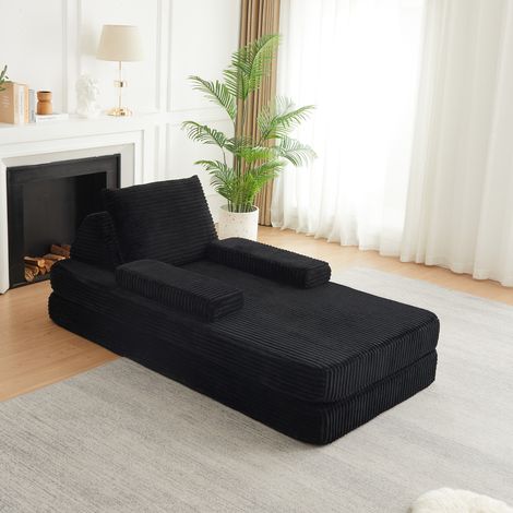 Sofá modular de terciopelo acanalado negro de 211,5 cm con respaldos triangulares móviles y cojines, configurable para espacios pequeños y visitas – CHICFURN (1/5)