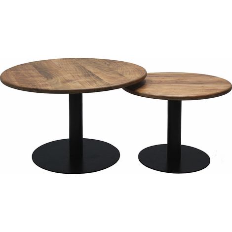 NADINE - Lot de 2 Tables Plateau Manguier Massif Pieds Métal Noir (1/3)