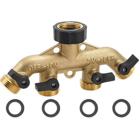 Distributeur d'eau 4 voies - raccord d'eau 3/4" - en laiton massif - avec valves simples - pour appareils et tuyaux d'arrosage (1/5)