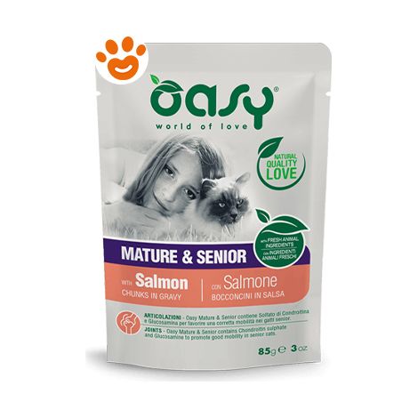 Oasy Cat Bocconcini in Salsa Mature e Senior con Salmone  - Oasy Cat Bocconcini in Salsa Mature e Senior con Salmone - Bustina Da 85 Gr