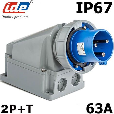 Socle mâle 63A monophasé 220V – 2P+T étanche IP67 – Pour chantiers humides et installations mobiles – Matériau polyamide 6 - MALE 63 A